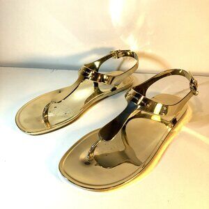 MICHAEL KORS Gold Jelly Sandals, Thong, Logo Plate, US 10, Good used cond. Box.